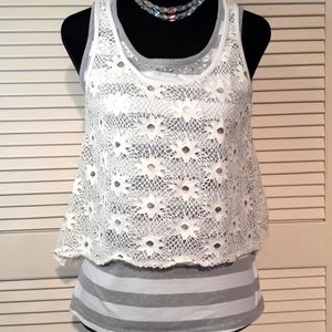 Justice Girls Gray Striped Tank Top with Lace Overlay Size 18 Girls